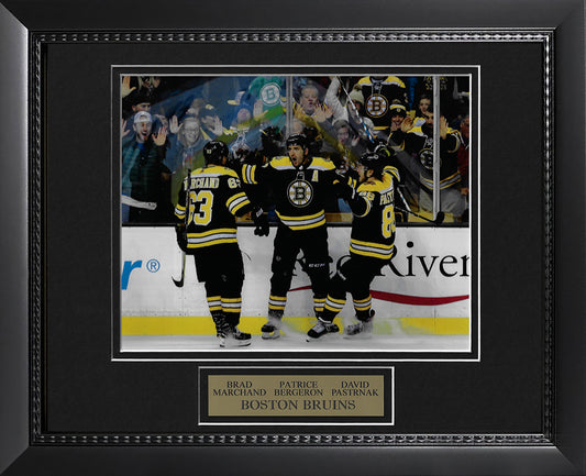 Brad Marchand, Patrice Bergeron, David Pastrnak Photograph - Celebrate - Boston Bruins - Framed 13x16
