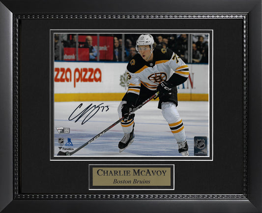 Charlie McAvoy Autograph 8x10 Photo - White Uniform - Boston Bruins - Framed 13x16 - Fanatics Authentication