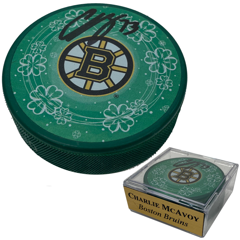 Charlie McAvoy Autograph Puck Green Clover Shamrock