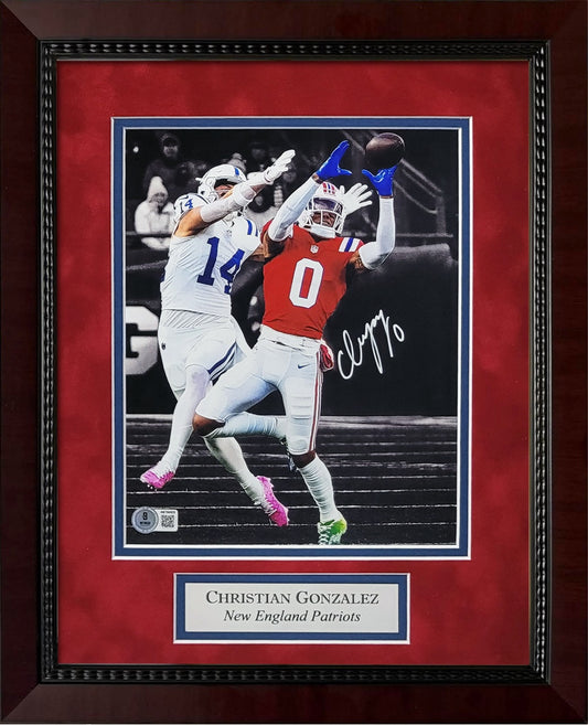 Christian Gonzalez Autograph 8x10 Photo - Interception Spotlight - New England Patriots - Framed 13x16 - New England Picture Authentication