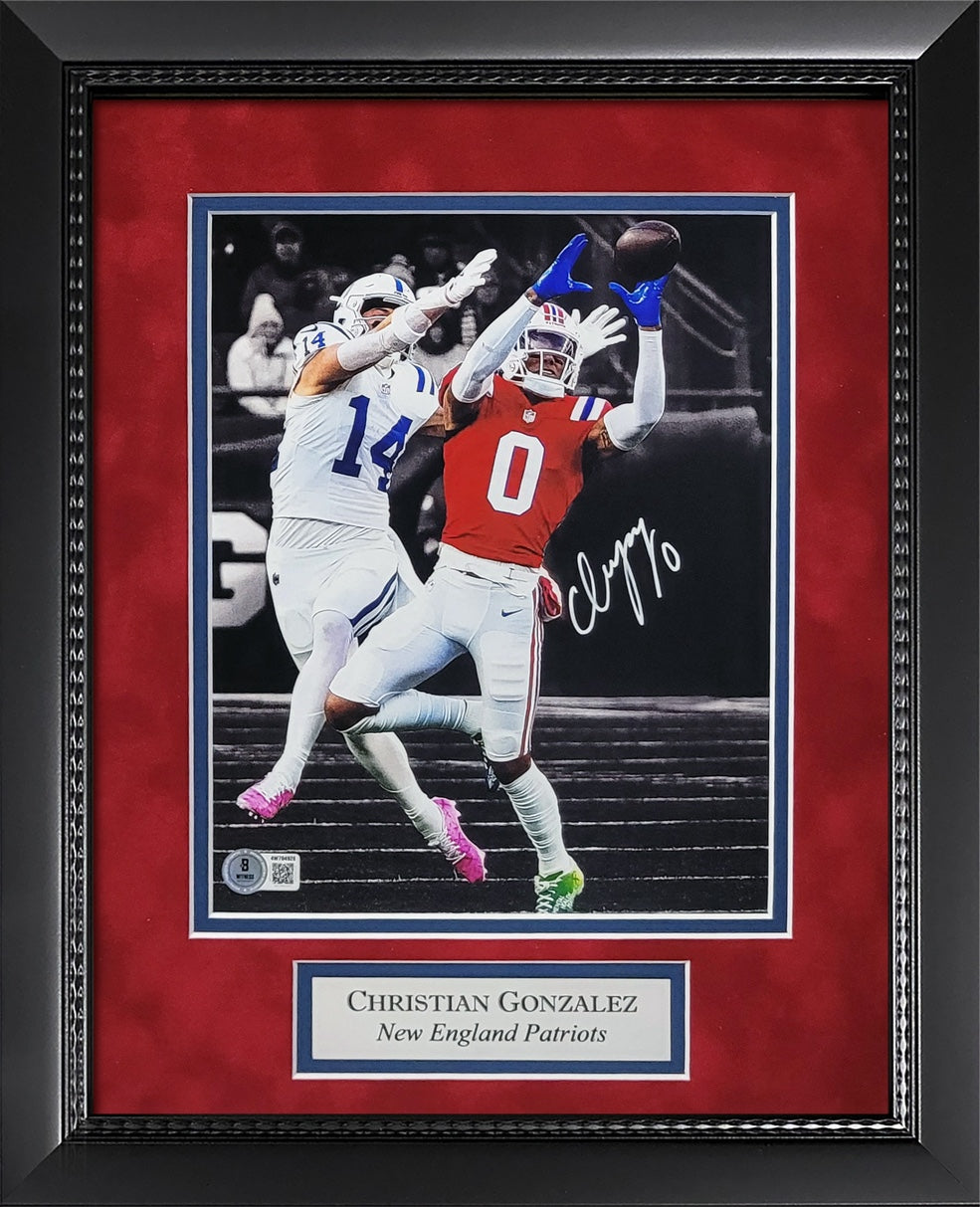 Christian Gonzalez Autograph 8x10 Photo - Interception Spotlight - New England Patriots - Framed 13x16 - New England Picture Authentication