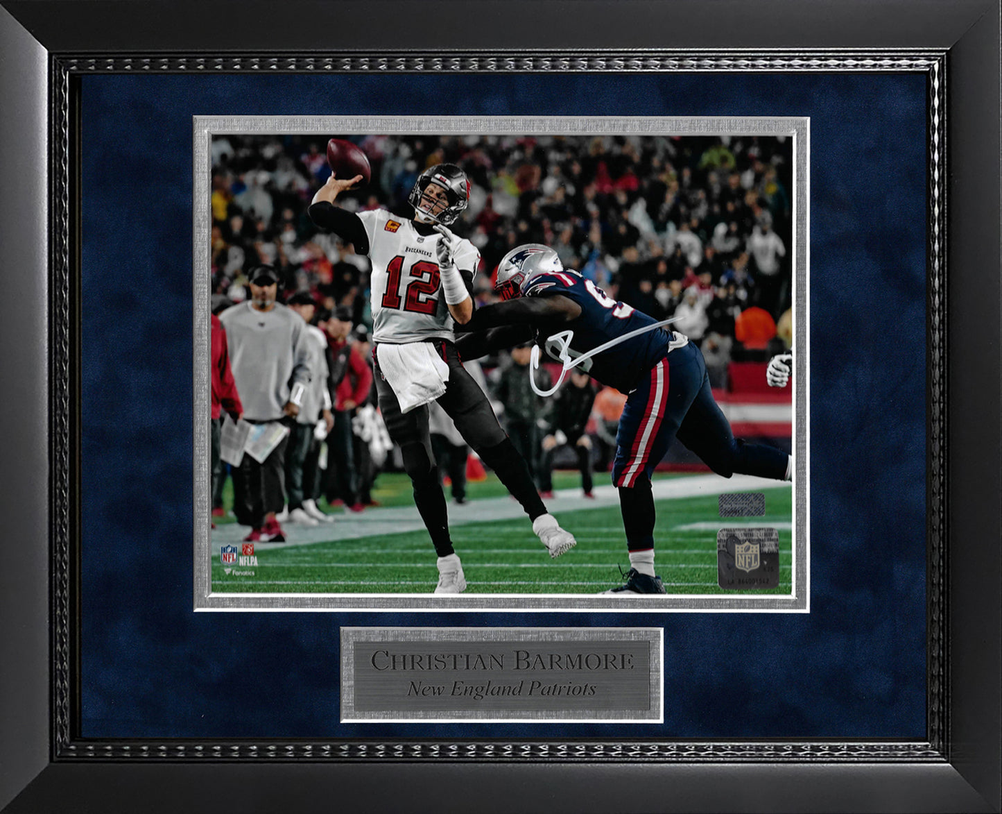 Christian Barmore Autograph Photo Pressuring Brady 11x14