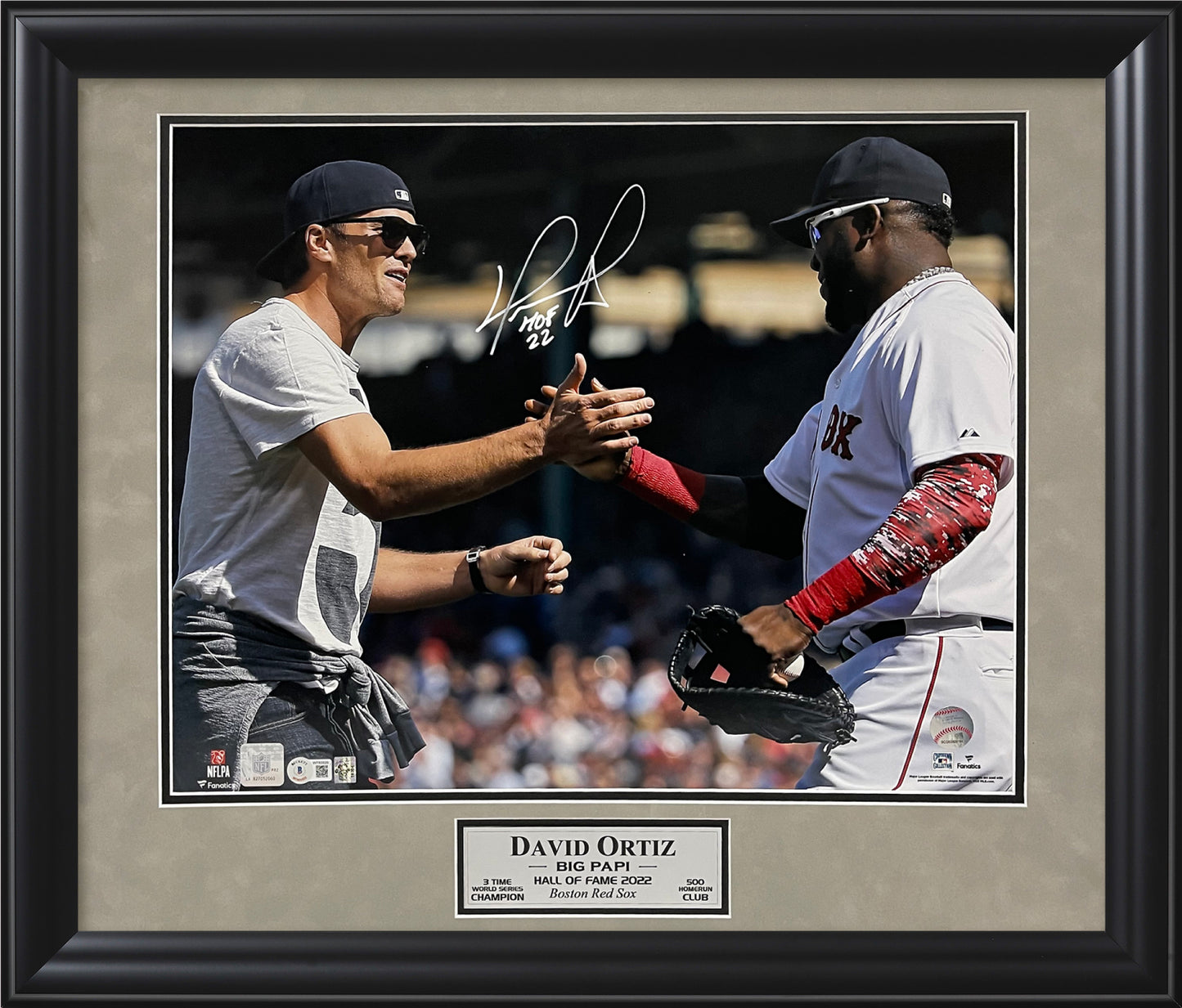 David Ortiz Autograph Photo Shake Hands With Brady With Inscription 23x27 JSA Authentication
