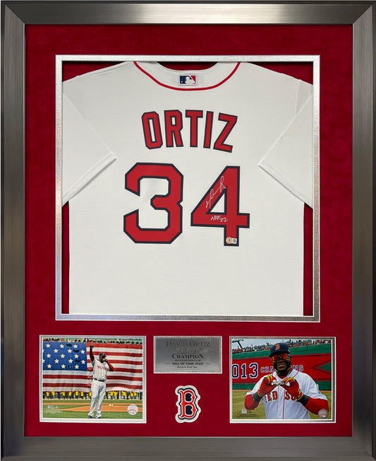 David Ortiz Autograph Jersey White with HOF 22 Inscription Framed 37x45