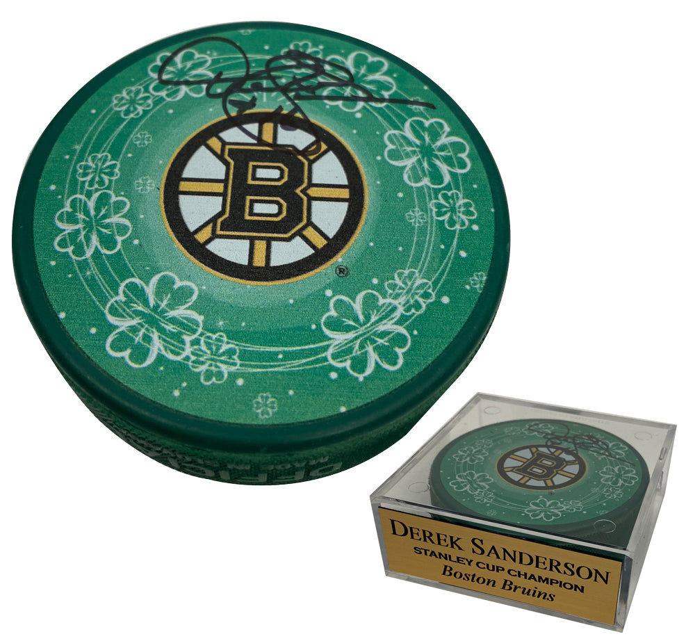Derek Sanderson Autograph Puck Green Clover Shamrock