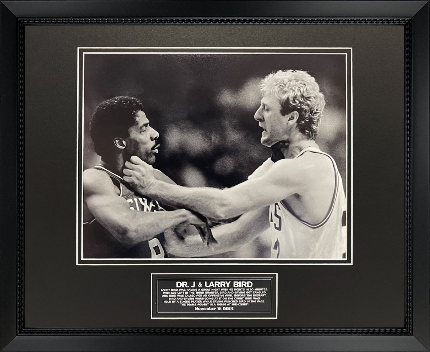 Dr. J & Larry Bird Photograph - 1984 Fight - Philadelphia 76ers - Boston Celtics - Framed 18x22