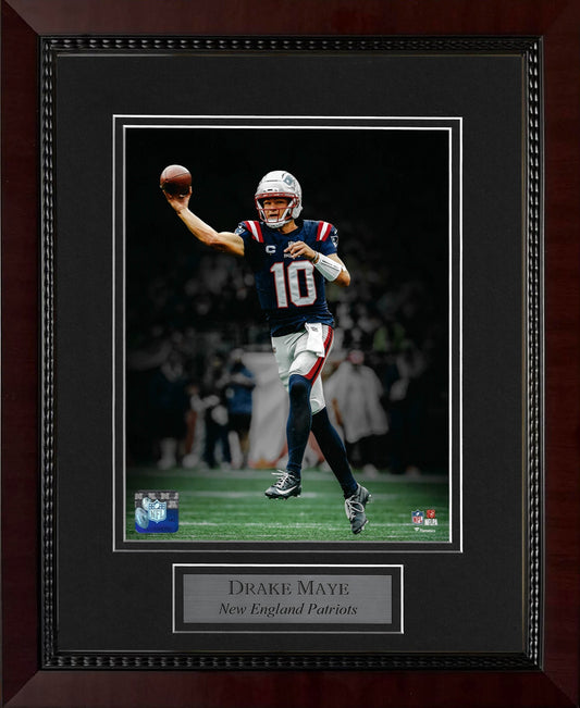 Drake Maye 8x10 Photograph - Leap & Pass - New England Patriots - Framed 13x16