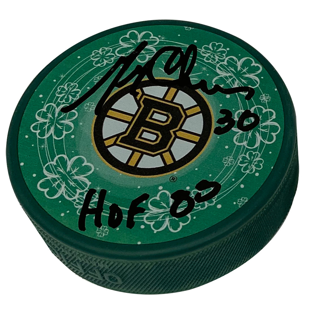 Gerry Cheevers Autograph Puck Green Bruins B Clover Shamrock