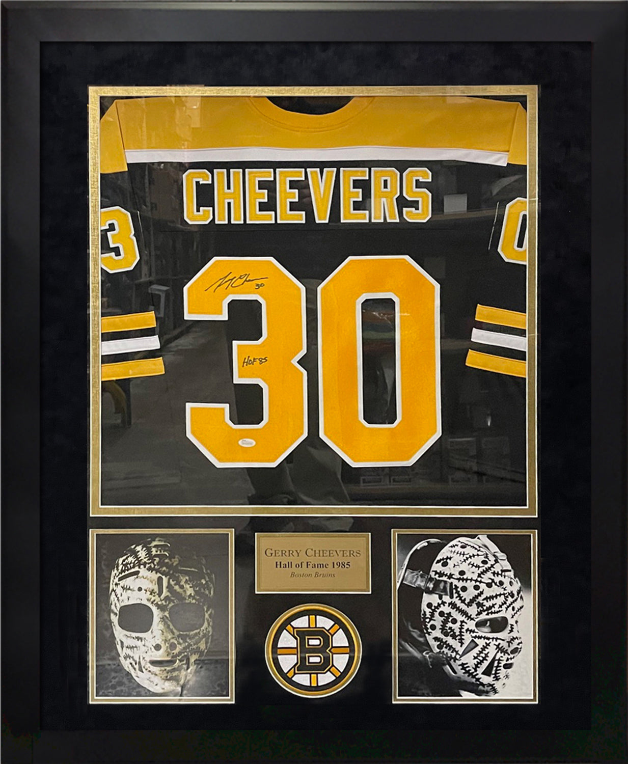 Gerry Cheevers Autograph Jersey w/ Inscription Framed 37x45