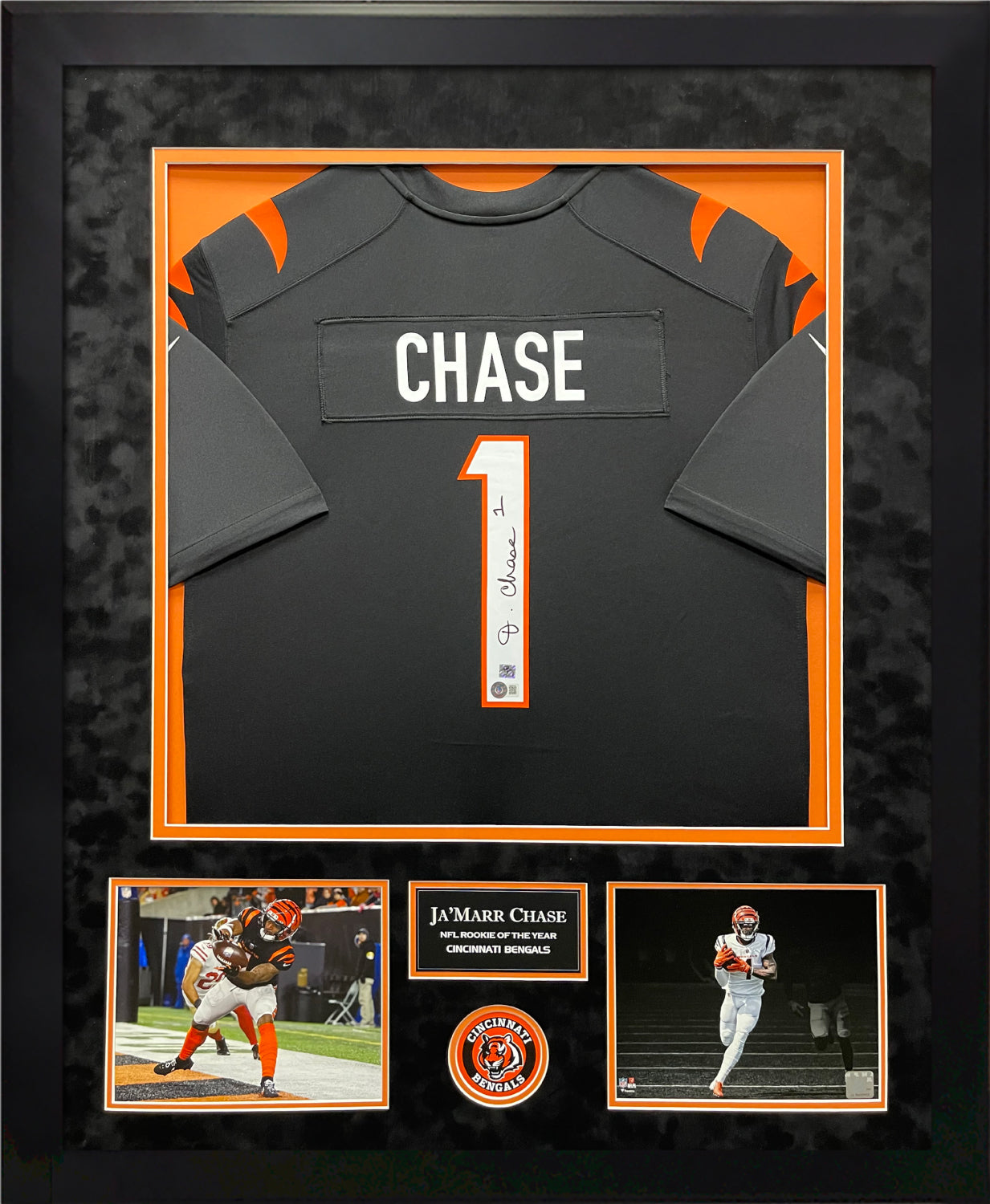 Ja'Marr Chase Autograph Black Bengals Jersey Framed 37x45
