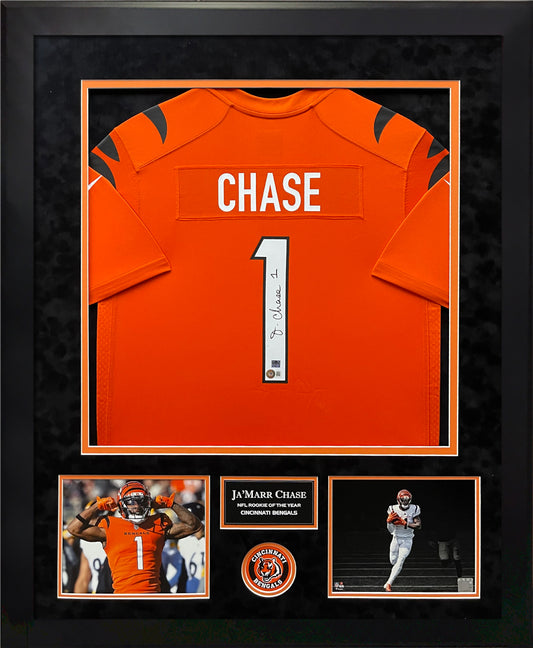 Ja'Mar Chase Autograph Orange Bengals Jersey Framed 37x45