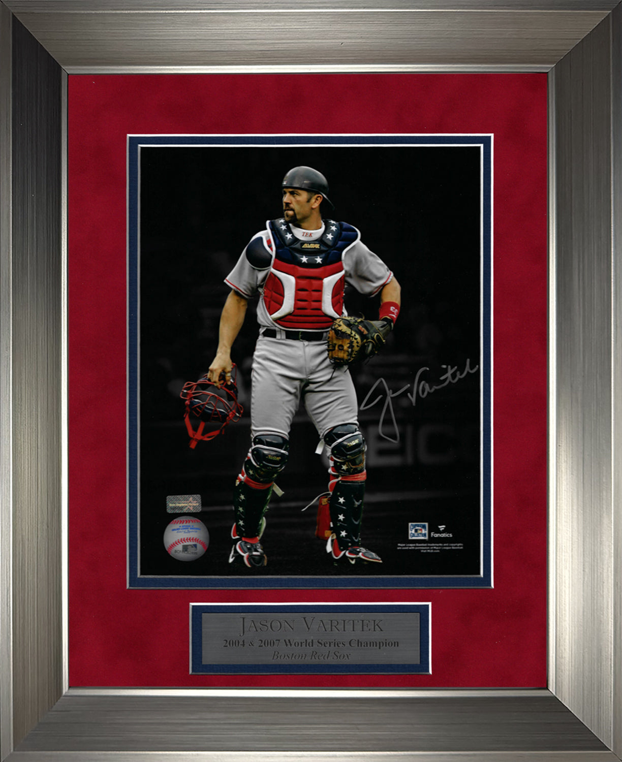 【希少・MLB公式】ボストン・レッドソックス レジェンド 額装 フォトパネル Jason Varitek Autograph Photo Red White & Blue Blacked Out 11x14
