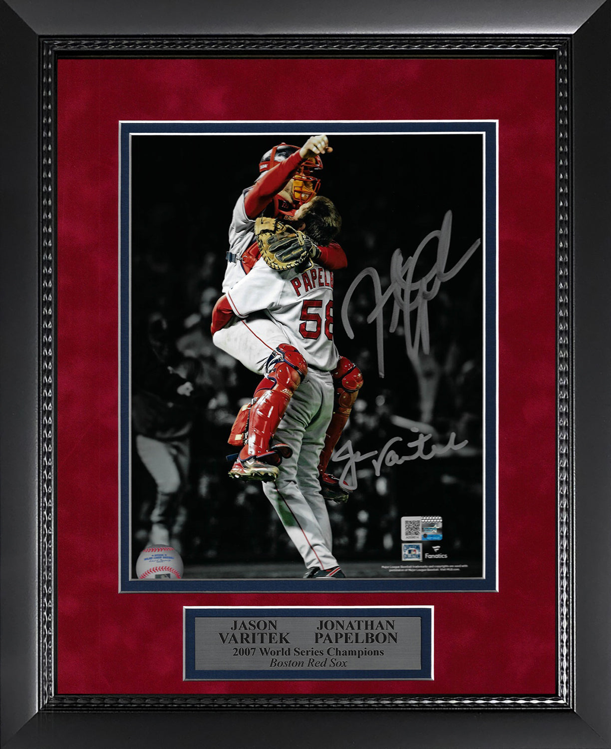 Jason Varitek, Jonathan Papelbon Double Autograph Photo 2007 World Series Victory Spotlight 11x14