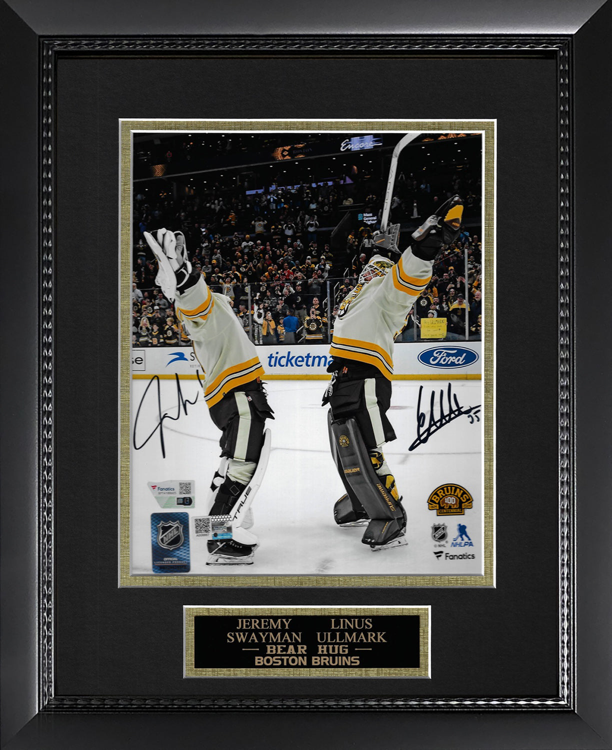 Jeremy Swayman, Linus Ullmark Double Autograph Photo Centennial Season Bear Hug, White Uniforms 11x14