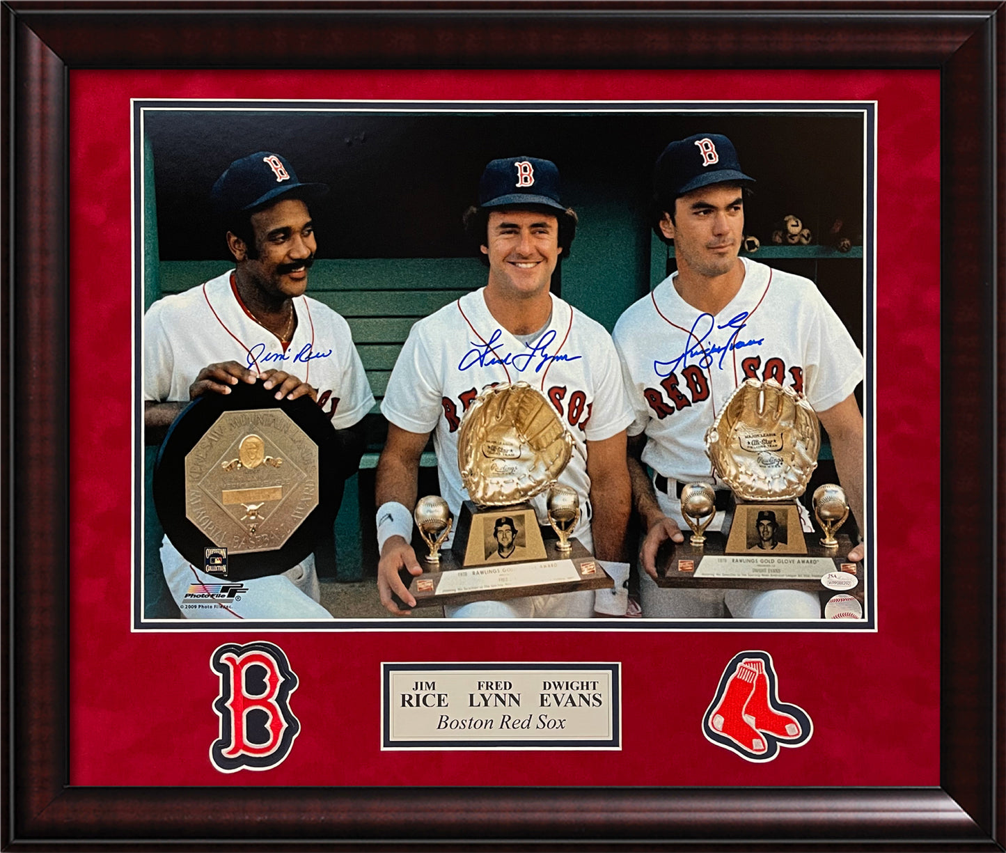 Jim Rice Fred Lynn Dwight Evans Triple Autograph Photo Dugout Hold Trophies 23x27 JSA Authentication