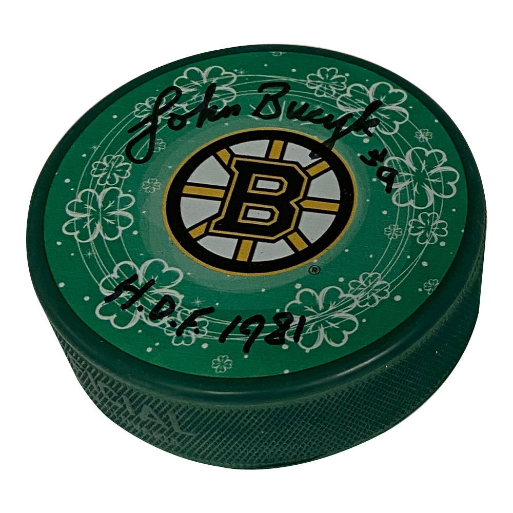 Johnny Bucyk Autograph Puck Green Bruins B Clover Shamrock