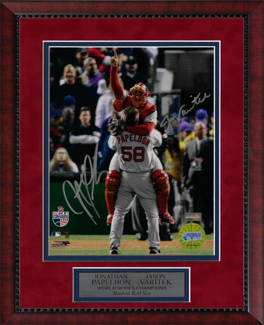 Jonathan Papelbon, Jason Varitek Double Autograph 8x10 Photo - Celebration Hug 2007 World Series - Boston Red Sox - Framed 13x16 - New England Picture Authentication