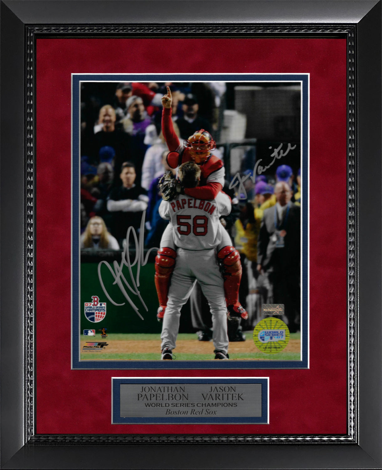 Jonathan Papelbon Jason Varitek Double Autograph Photo Celebration Hug 2007 World Series 11x14