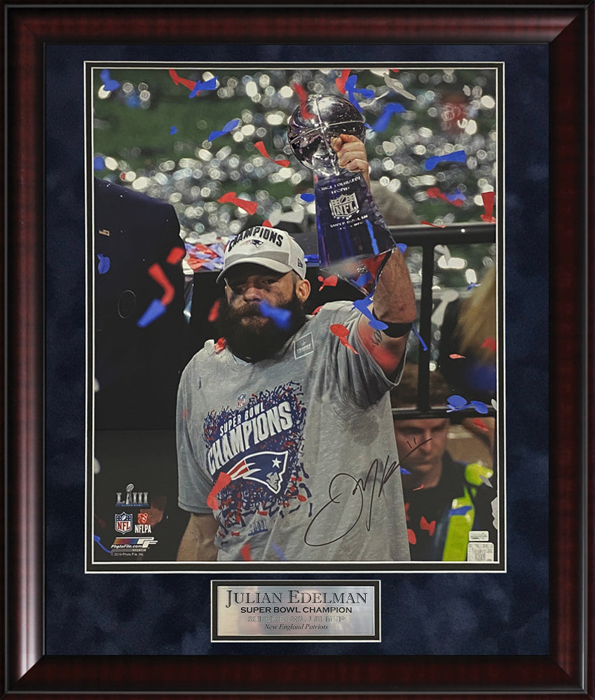 Julian Edelman Autograph Photo Hold Trophy Celebrate Super Bowl 53 23x27 New England Picture Authentication