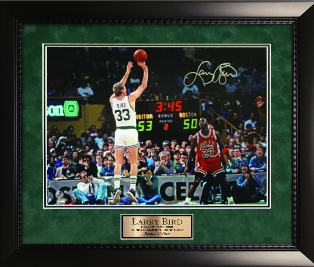 Larry Bird Autograph Photo Jumpshot vs Michael Jordan 23x27 Larry Bird Authenticated Hologram