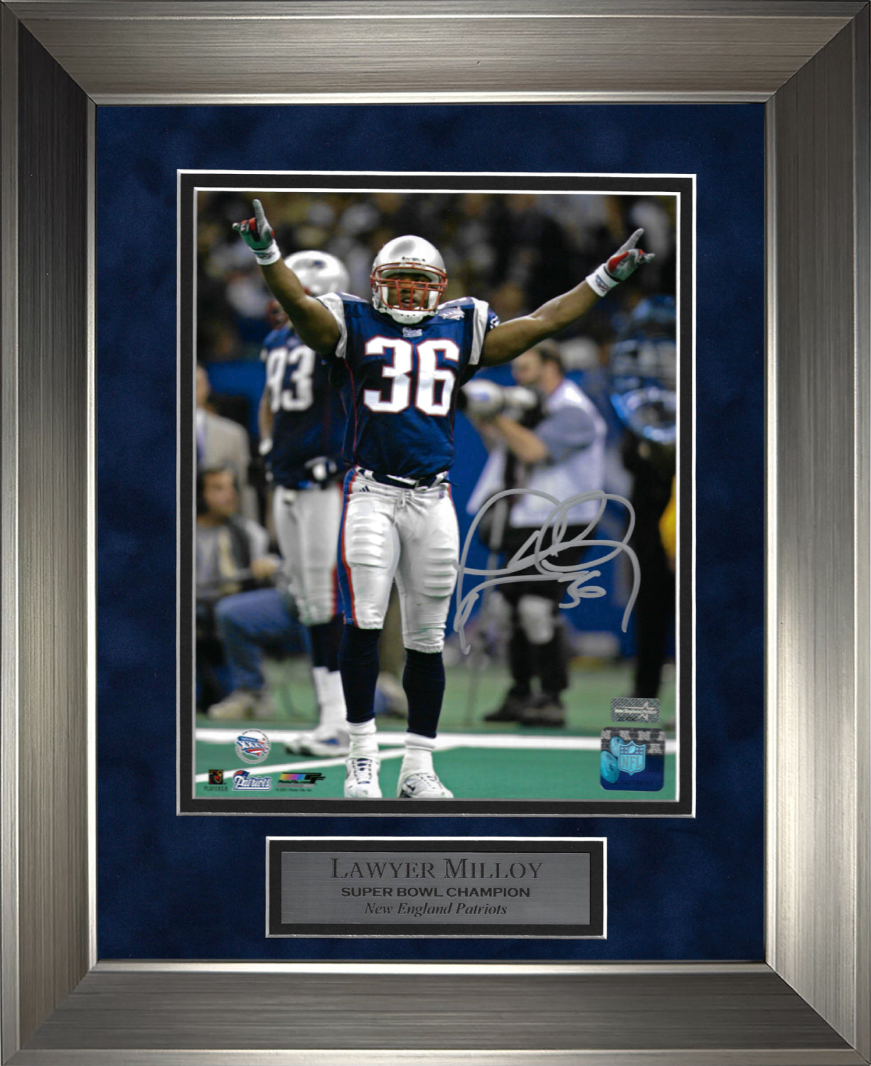 Lawyer Milloy Autograph Photo Super Bowl XXXVI Arms Up 11x14