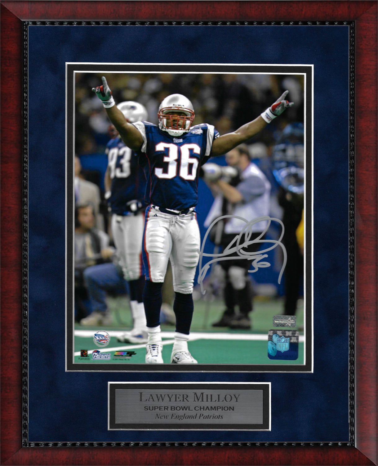 Lawyer Milloy Autograph Photo Super Bowl XXXVI Arms Up 11x14