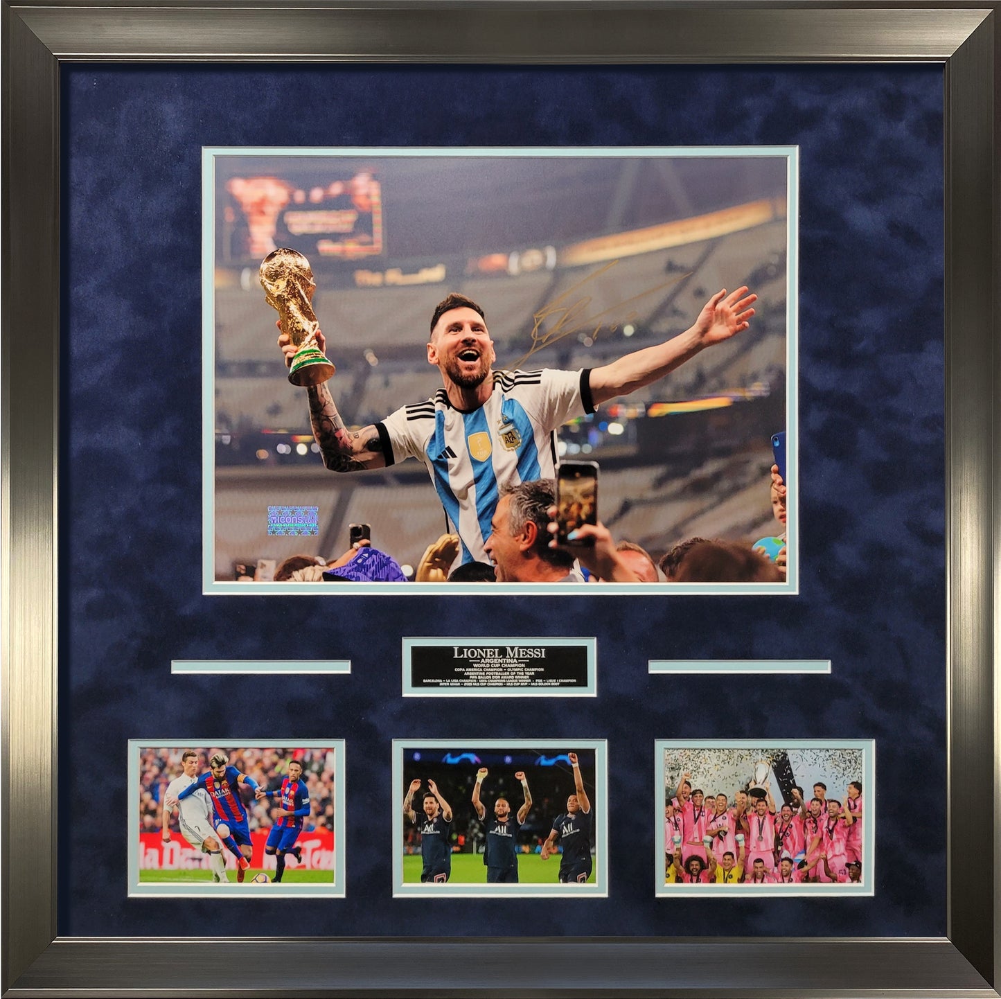 Lionel Messi Autograph Photo - World Cup & Champion Collage - Framed 27x27 - Icons Authentication