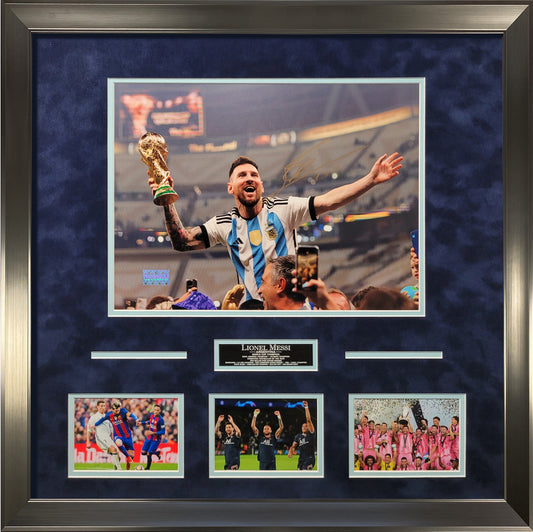 Lionel Messi Autograph Photo - World Cup & Champion Collage - Framed 27x27 - Icons Authentication