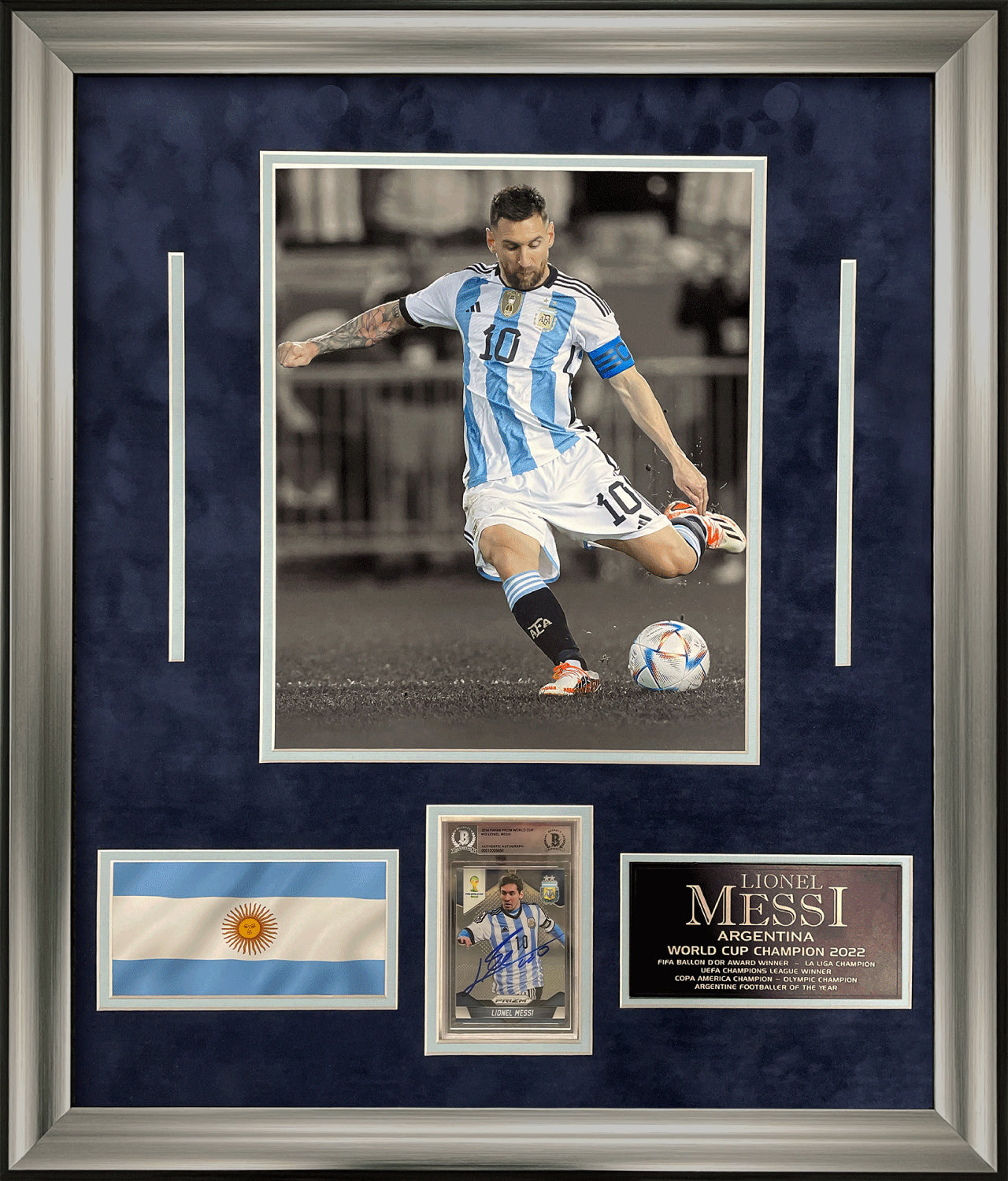 Lionel Messi Autograph Trading Card Argentina Collage Framed 23x27 Beckett Authentication