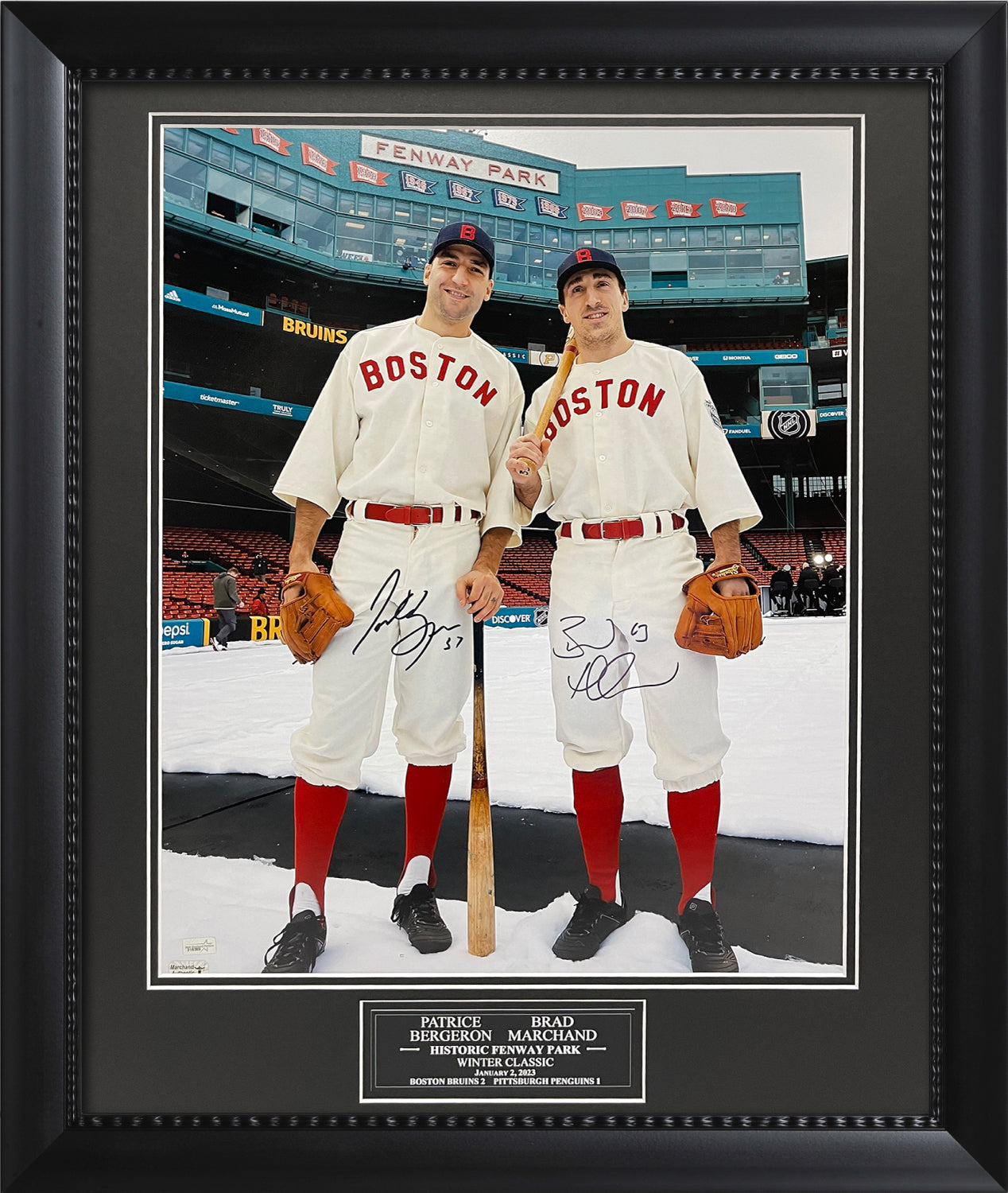 Patrice Bergeron Brad Marchand Double Autograph Photo Winter Classic 2023 23x27 New England Picture Authentication