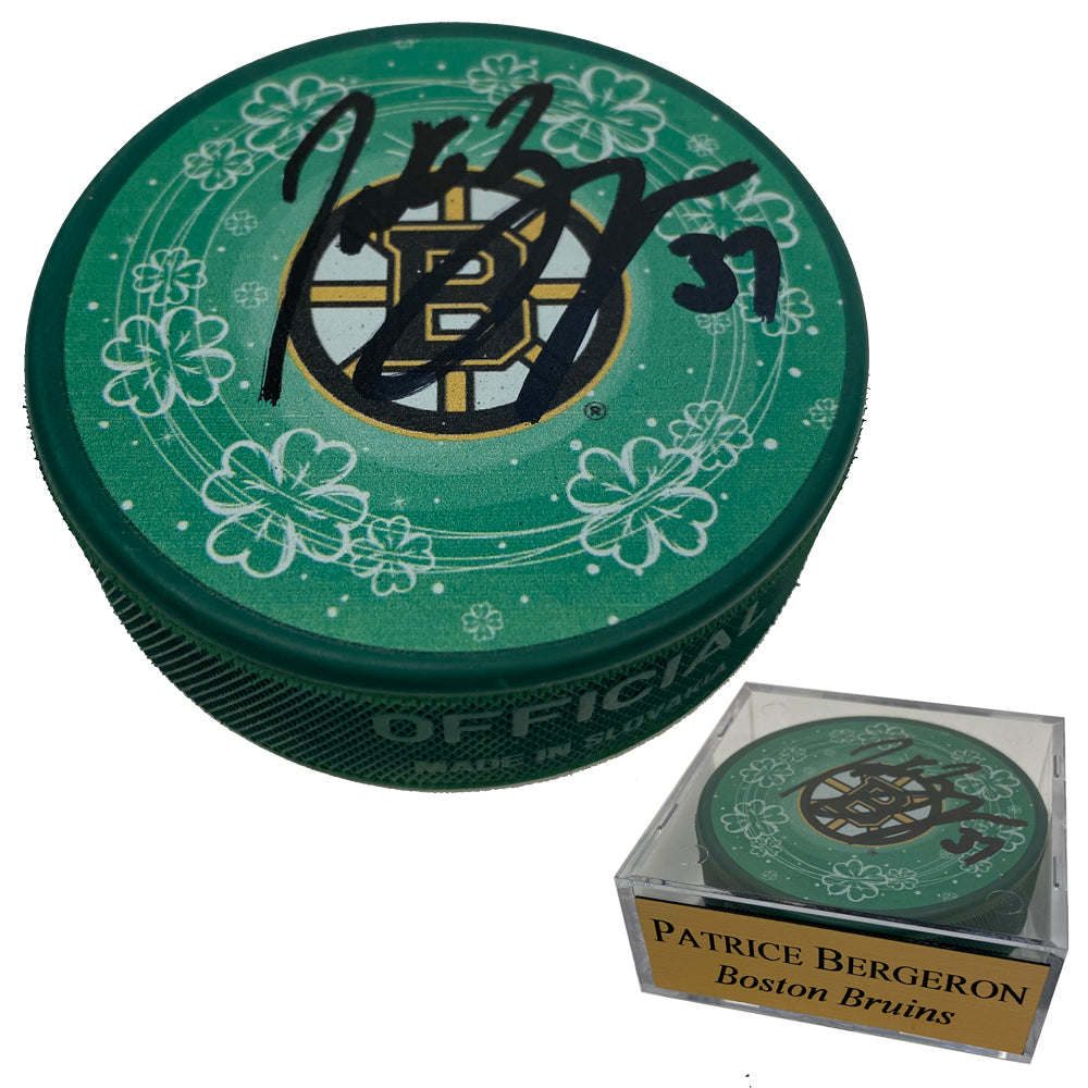 Patrice Bergeron Autograph Puck Green Bruins B Clover Shamrock