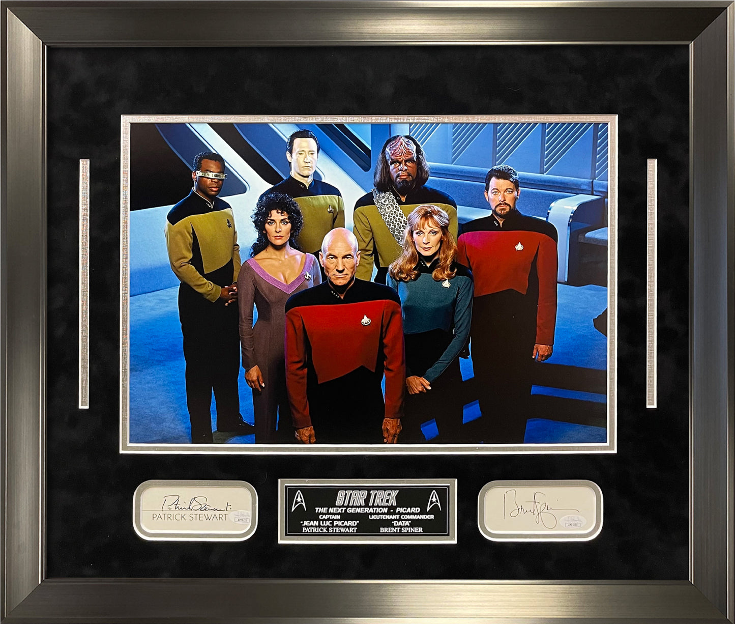 Patrick Stewart, Brent Spiner Double Autograph Cut Signature Collage 23x27 JSA Authentication