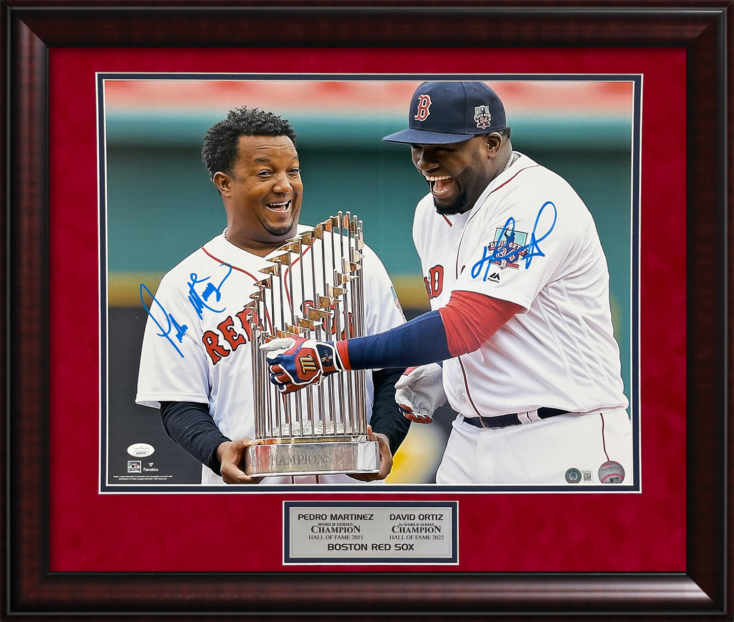 Pedro Martinez David Ortiz Double Autograph Photo Laughing with Trophy 23x27 JSA Authentication