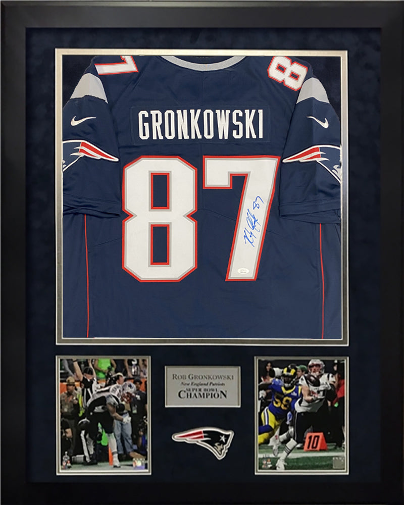 Rob Gronkowski Autograph Jersey New England Patriots Blue Limited Jersey Framed 37x45