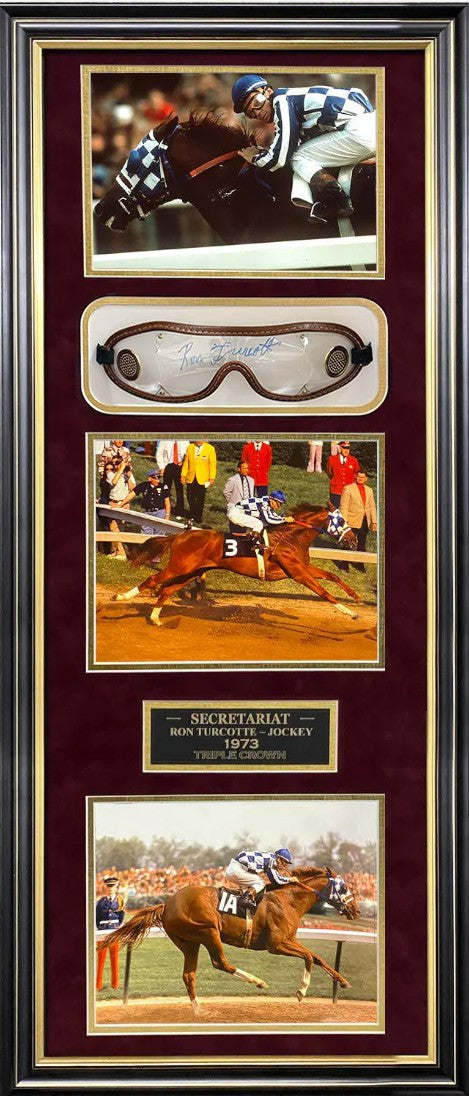 Ron Turcotte Autograph Jockey Goggles Secretariat Triple Crown Shadowbox Collage 16x35