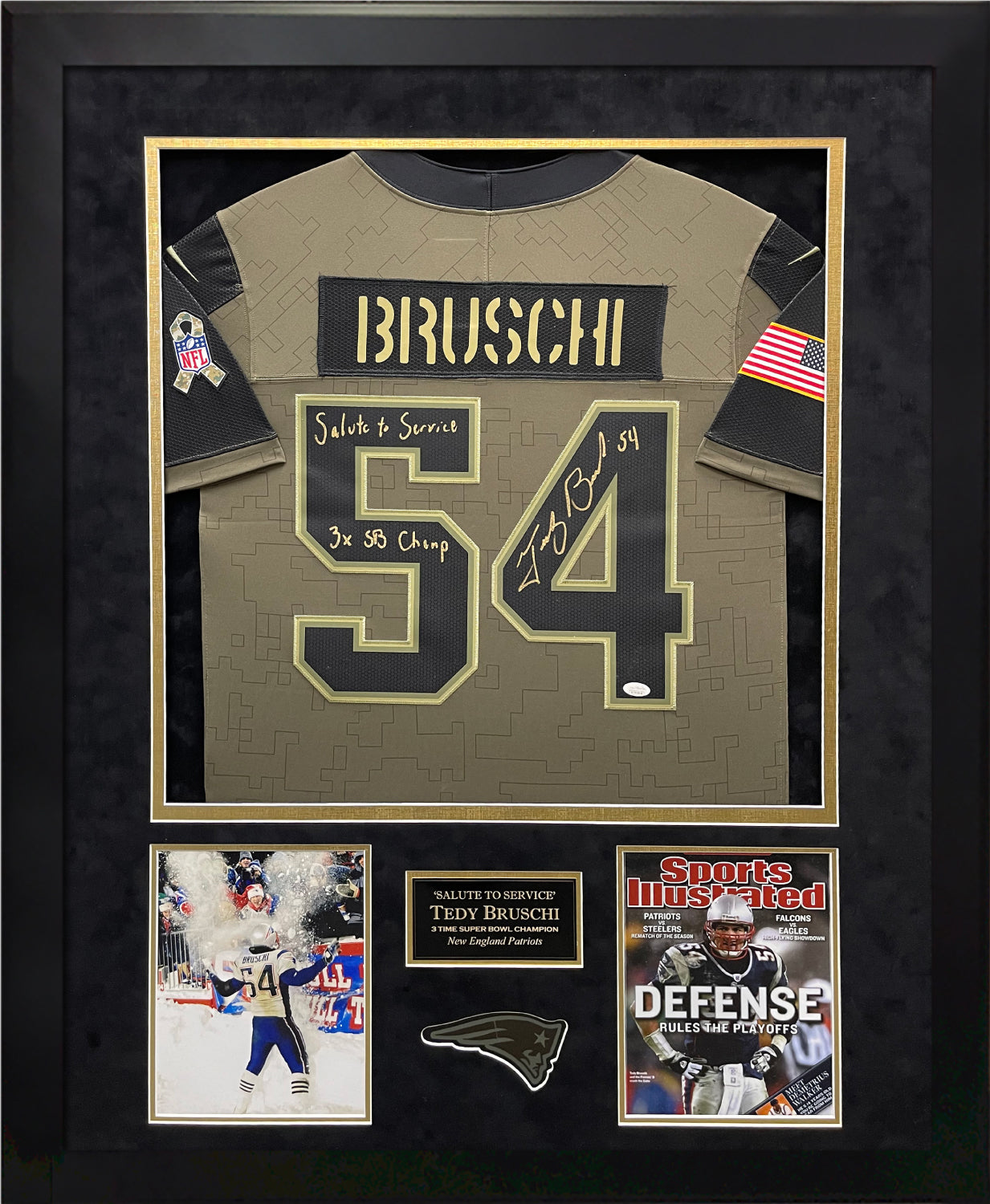 Tedy Bruschi Autograph Salute to Service Jersey W/ Inscription Framed 37x45