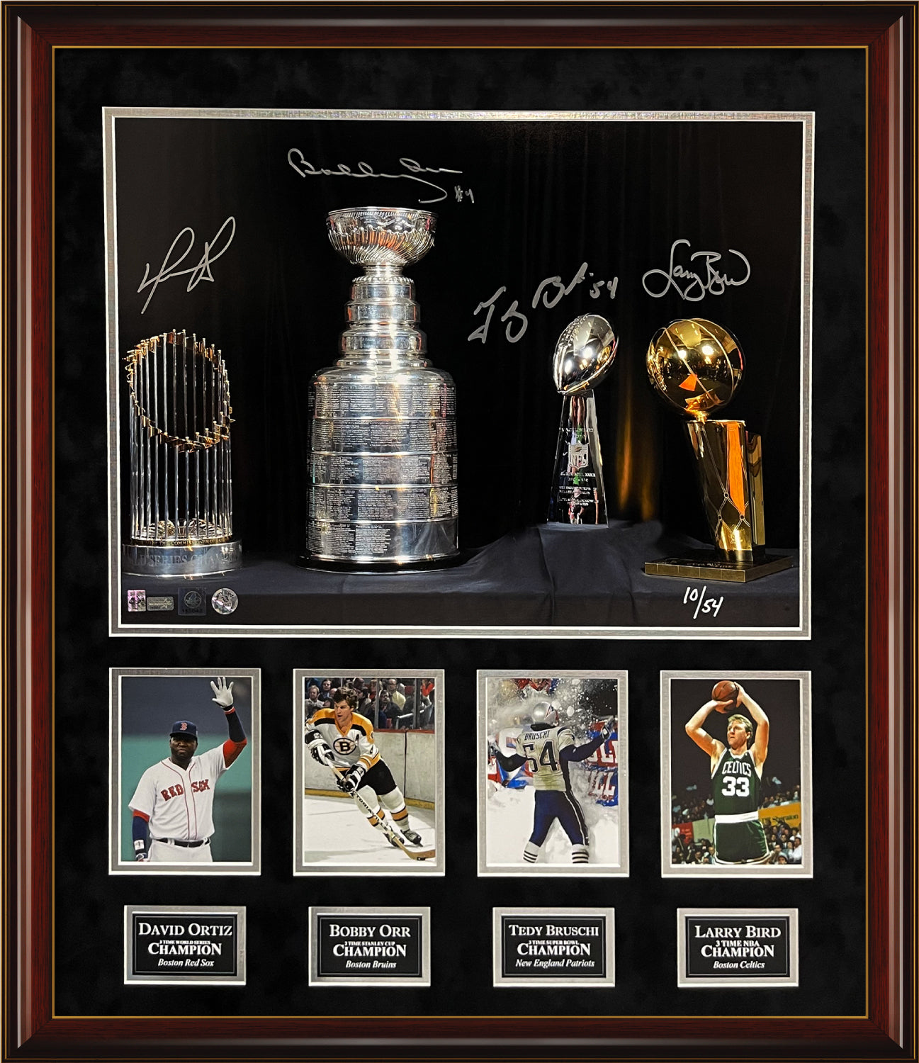 Ortiz, Orr, Bruschi, Bird Quadruple Autograph Photo Collage 27x31