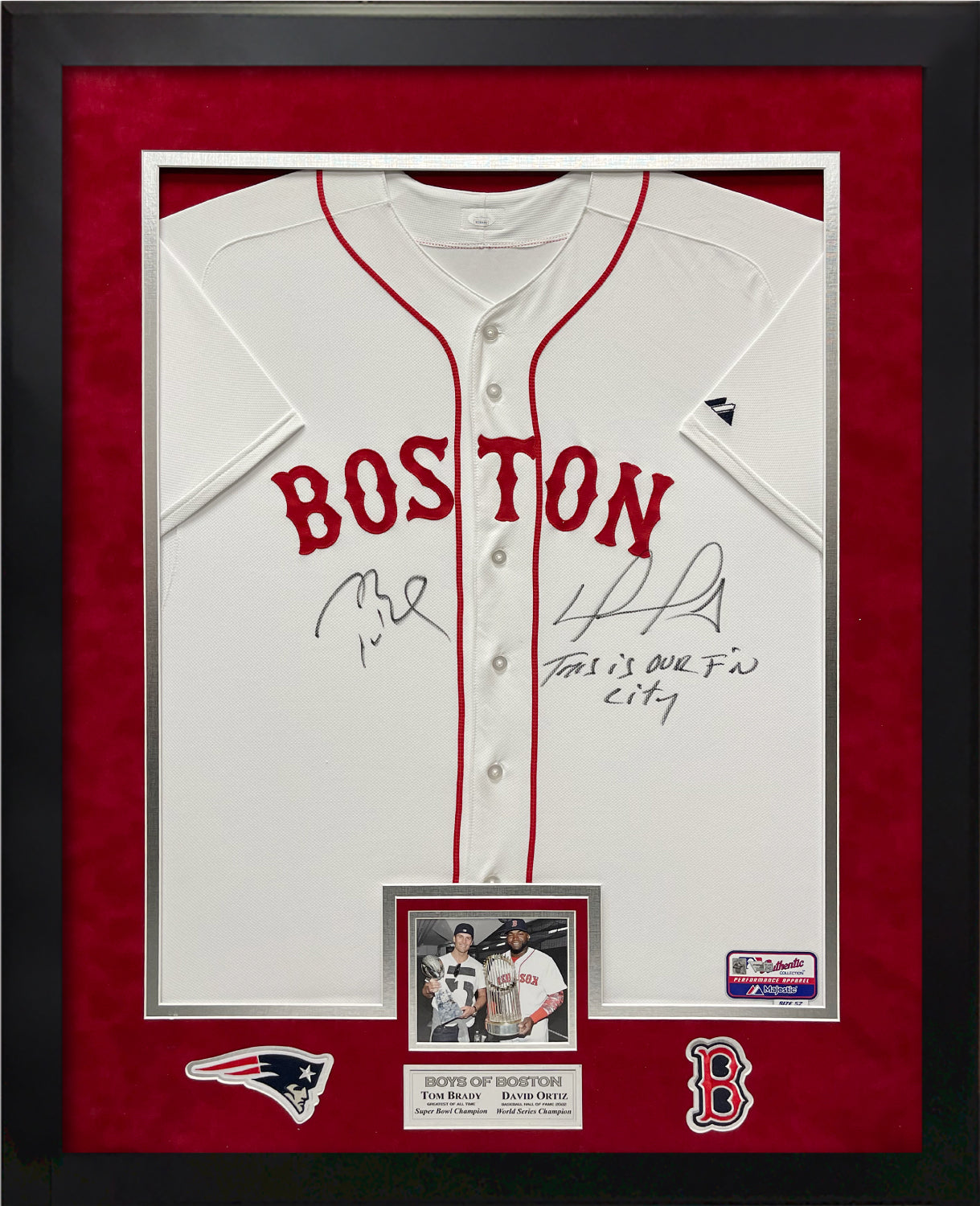Tom Brady, David Ortiz Double Autograph Jersey Boston Red Sox w/ Inscription Framed 37x45