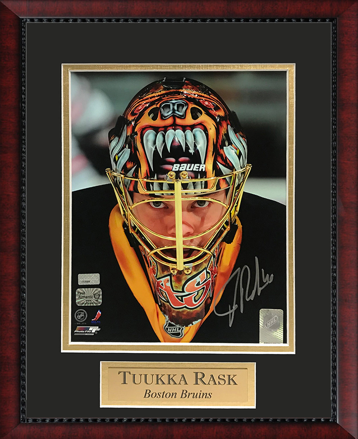 Tuukka Rask Autograph Photo Mask closeup 11x14