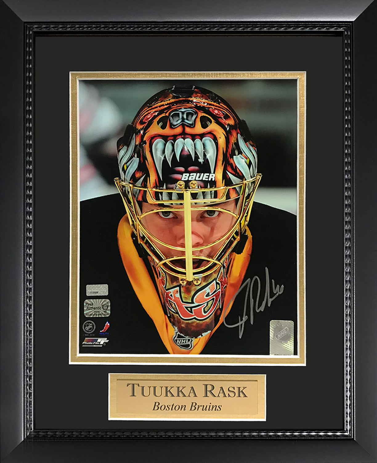 Tuukka Rask Autograph Photo Mask closeup 11x14