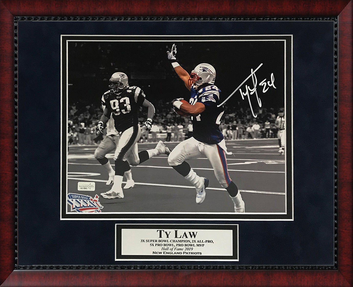 Ty Law Autograph Photo Super Bowl XXXVI Interception Spotlight 11x14