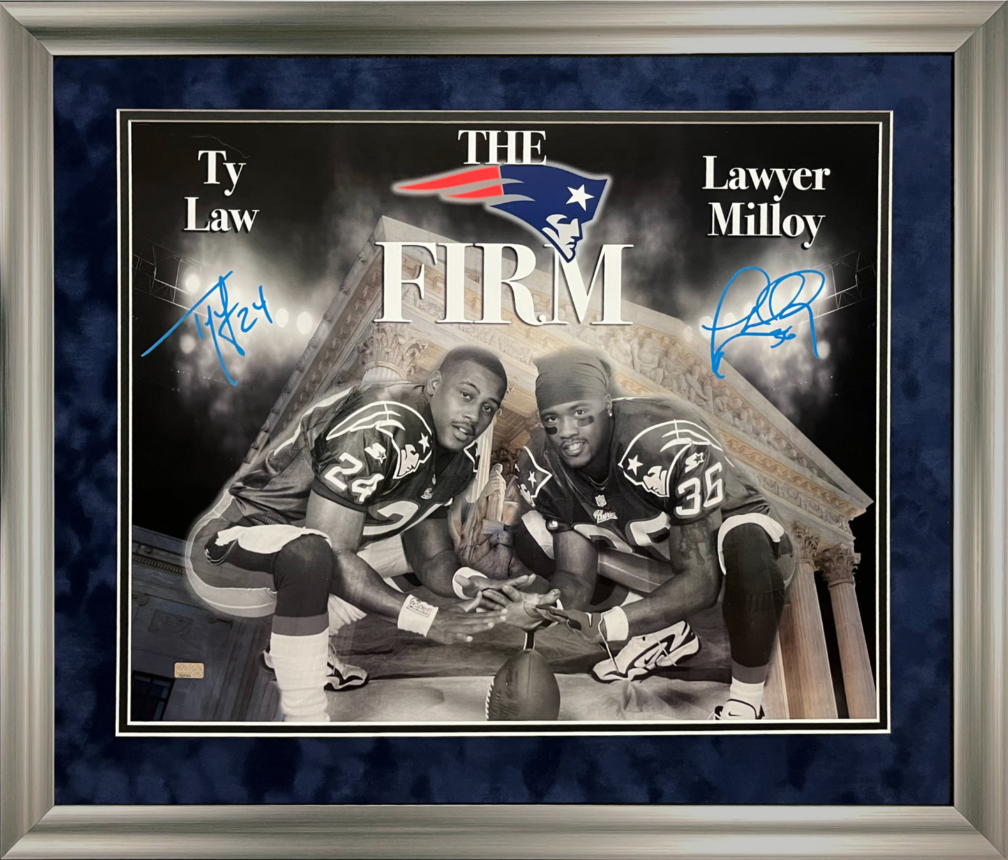 Ty Law, Lawyer Milloy Double Autograph Photo The Firm 23x27 New England Picture Authentication