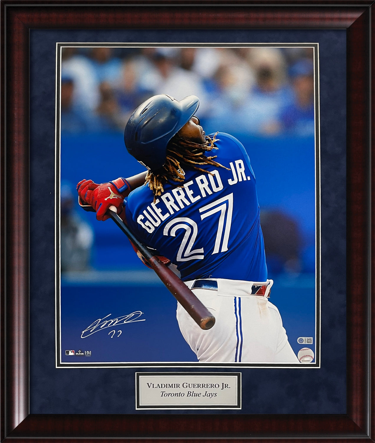 Vladimir Guerrero Jr. Autograph Photo Swing Blue Uniform 23x27 MLB Authentication