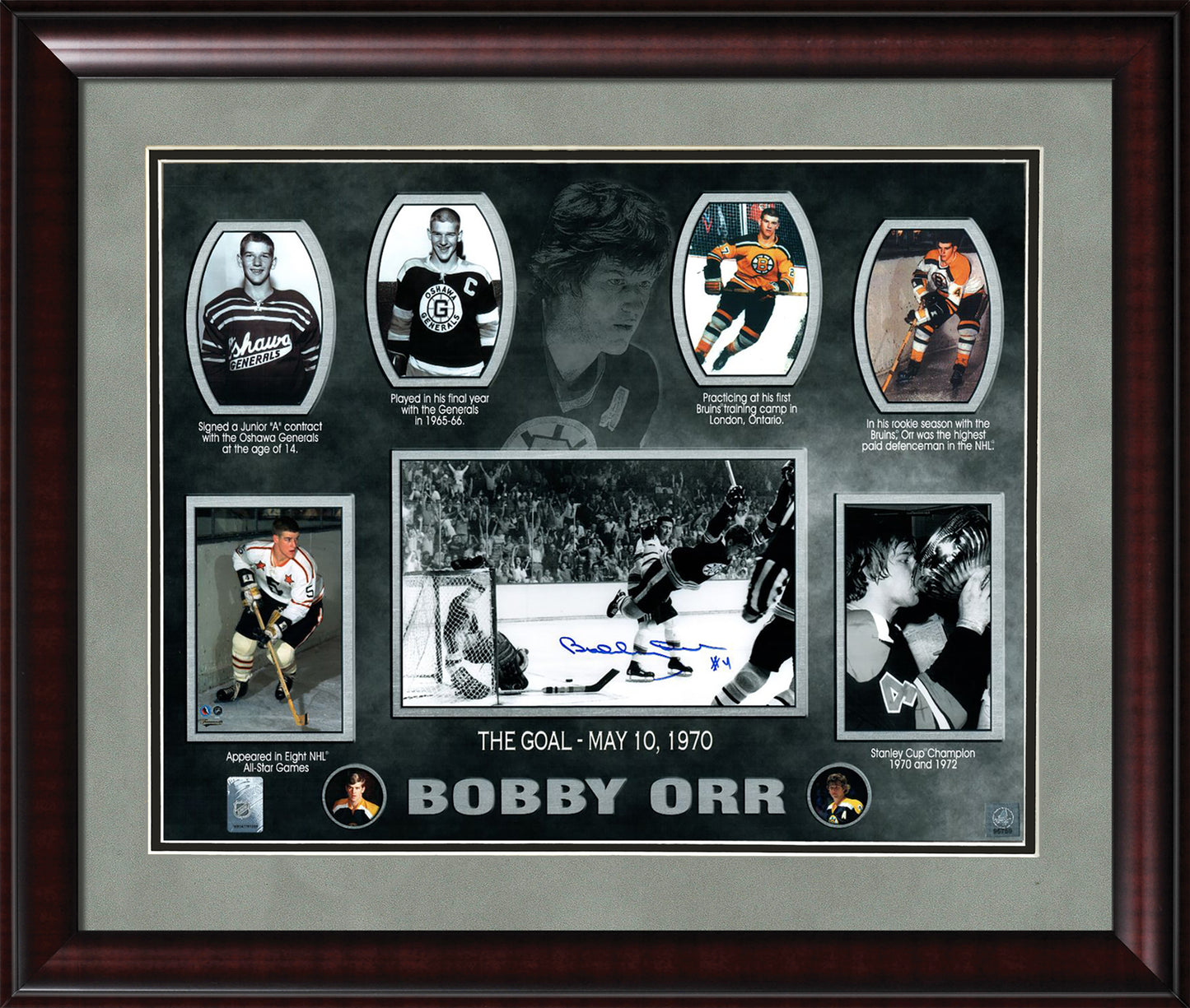 Bobby Orr Autograph 16x20 Photo - Career Collage - Boston Bruins - Framed 23x27