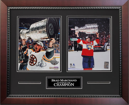 Brad Marchand Autograph 8x10 Photo - 2x Stanley Cup Champion 2-Way Collage - Boston Bruins - Florida Panthers - Framed 18x22 - New England Picture Authentication