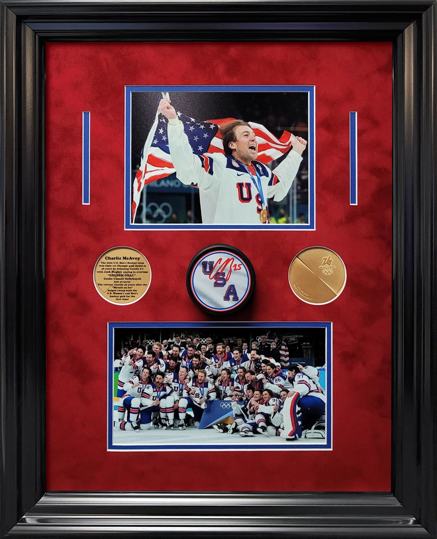 Charlie McAvoy Autograph Puck - Team USA - Framed 18x22 Shadowbox - Fanatics Authentication