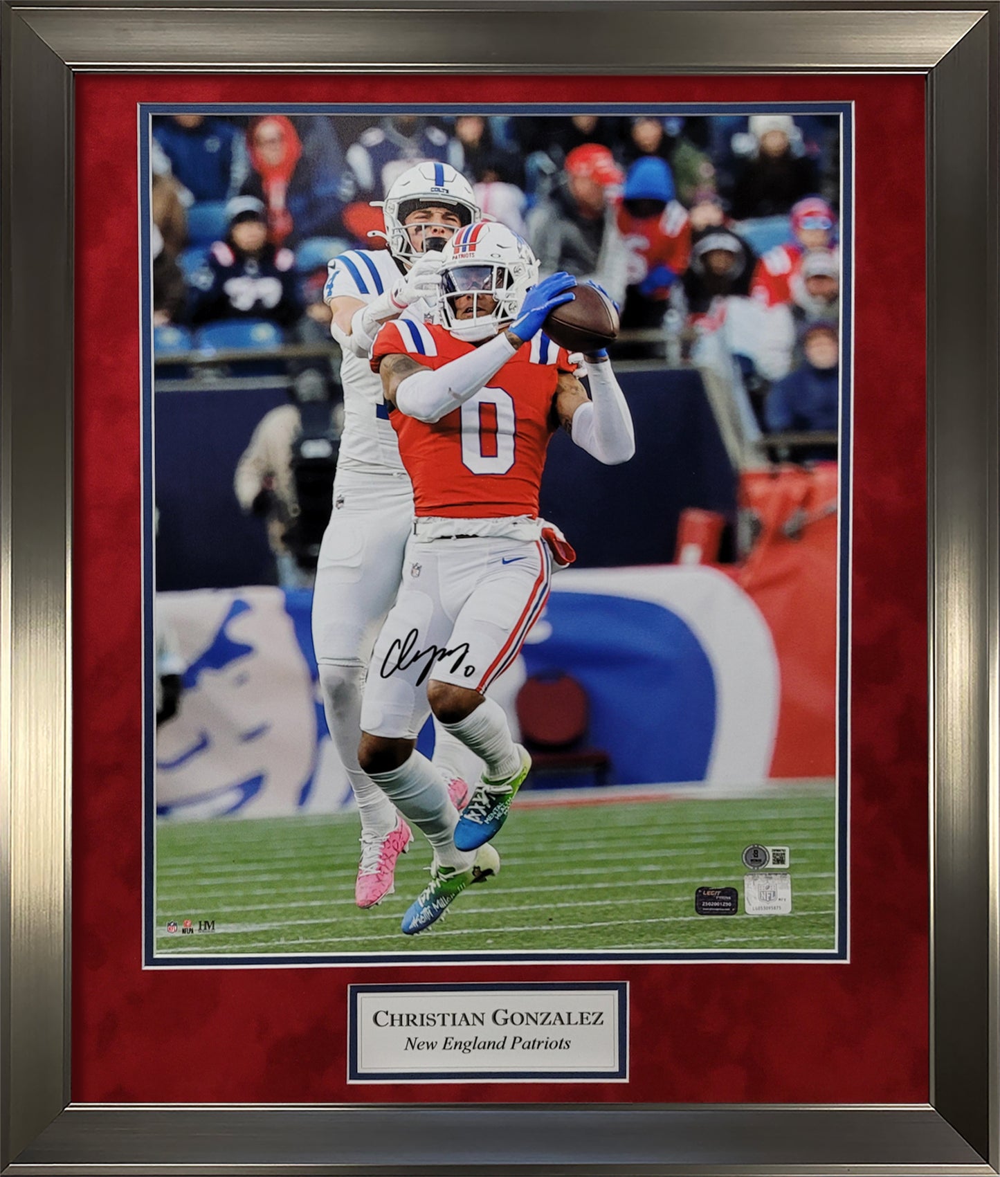 Christian Gonzalez Autograph 16x20 Photo - Interception - New England Patriots - Framed 23x27 - Beckett Authentication
