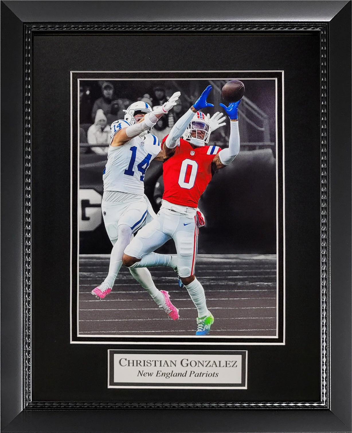 Christian Gonzalez Photograph - Interception Spotlight - New England Patriots - Framed 13x16