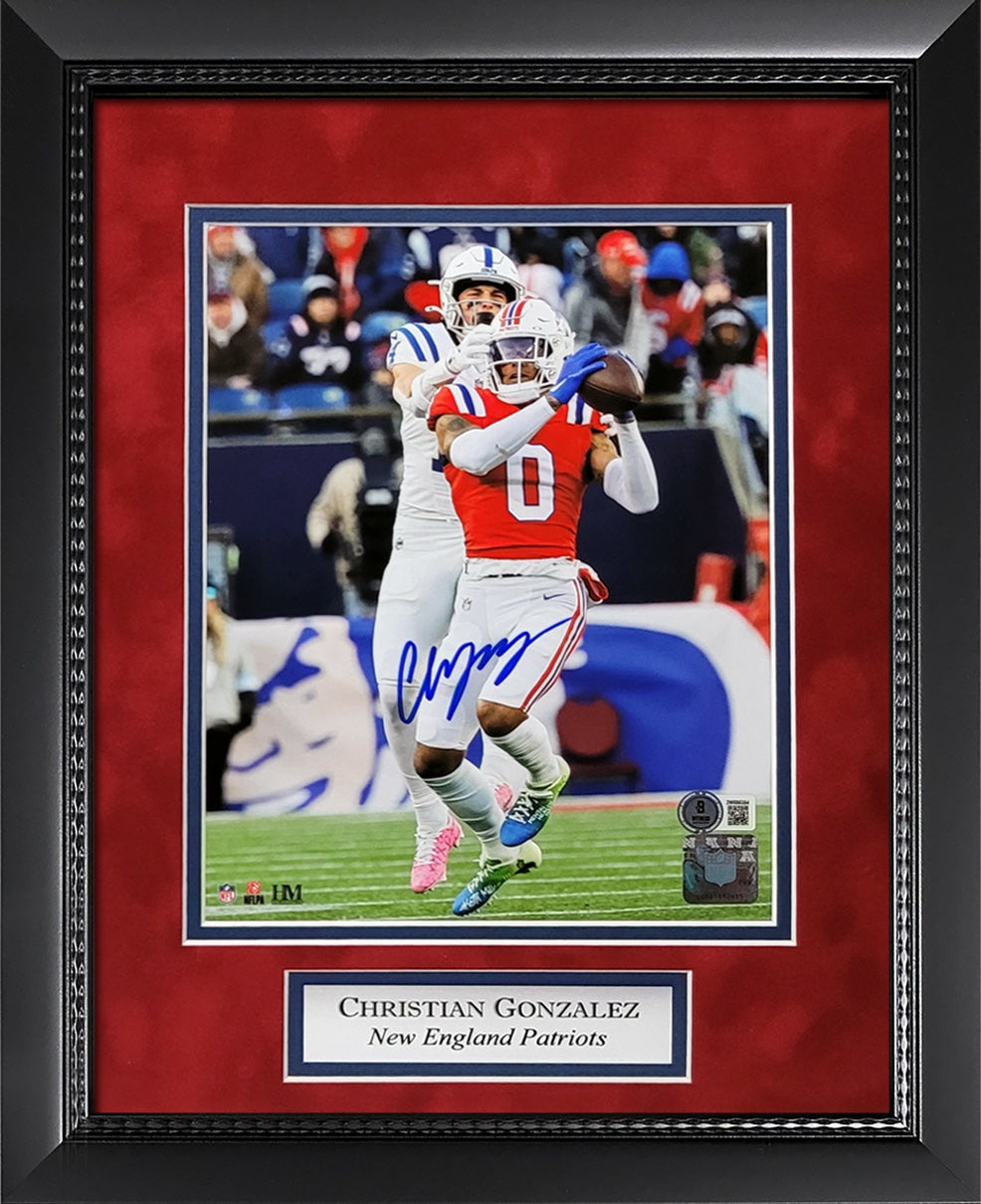 Christian Gonzalez Autograph 8x10 Photo - Interception - New England Patriots - Framed 13x16 - Beckett Authentication