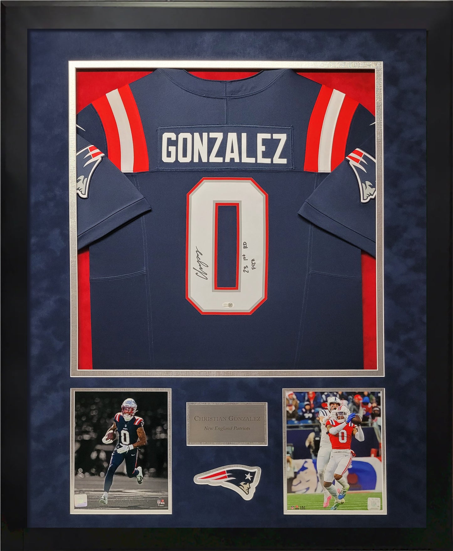 Christian Gonzalez Autographed Jersey - New England Patriots - Framed 37x45 - JSA Authentication